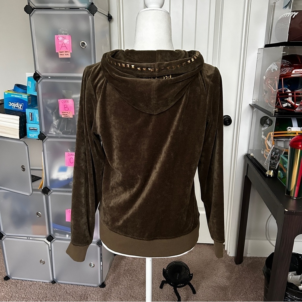 BCBGMaxAzria Olive Green Velour Zip Up Embroidered Studded Size Large - Picture 5 of 12